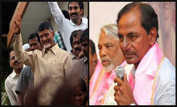 Telugu Desam Party President N. Chandrababu Naidu displays the victory symbol to supporters and Telangana Rashtra Samiti chief K Chandrasekhar Rao sitting with party members (Photo: PTI/DC) Telugu Desam Party President N. Chandrababu Naidu displays the victory symbol to supporters and Telangana Rashtra Samiti chief K Chandrasekhar Rao sitting with party members (Photo: PTI/DC)